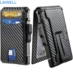 6-in-1 Black Carbon Fiber Genuine Leather Multifunctional Aluminum Card Wallet Back With Steel Money Clip