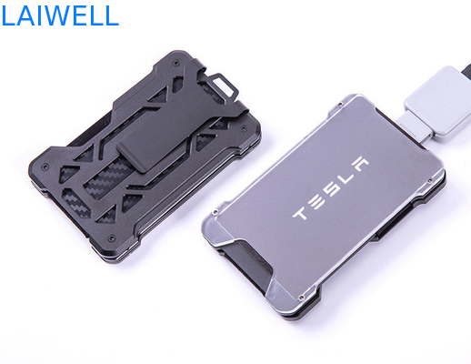 60*94*10MM Grey Customized RFID Aluminium Wallets Card Holders With AirTag Tracker And Steel Clip