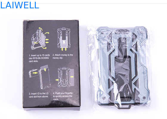 60*94*10MM Grey Customized RFID Aluminium Wallets Card Holders With AirTag Tracker And Steel Clip