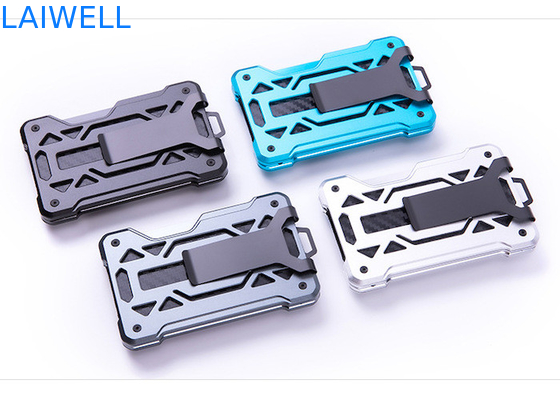 60*94*10MM Grey Customized RFID Aluminium Wallets Card Holders With AirTag Tracker And Steel Clip