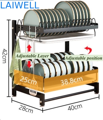 Removable 400*280*420mm 2 Layer Dish Drying Rack / Carbon Steel Dish Drainer