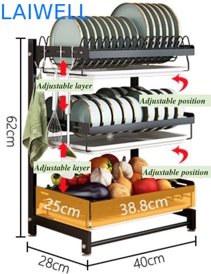 Compact 400*280*620mm Stainless Steel Kitchenwares SGS 3 Layer Dish Rack Organizer