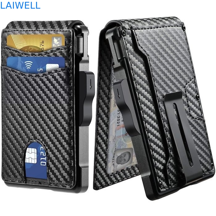 6-in-1 Black Carbon Fiber Genuine Leather Multifunctional Aluminum Card Wallet Back With Steel Money Clip