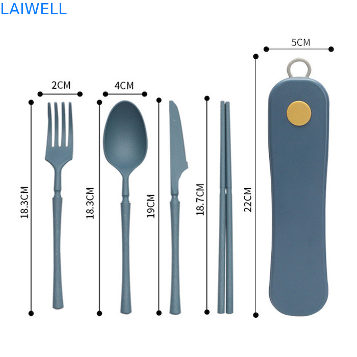 Lightweight Portable Sustainable Blue 4-PC Rotary Box Flatware Set Biodegradable and Eco-friendly Tableware Supplies Made of Environmentally Friendly Wheat Straw Fiber