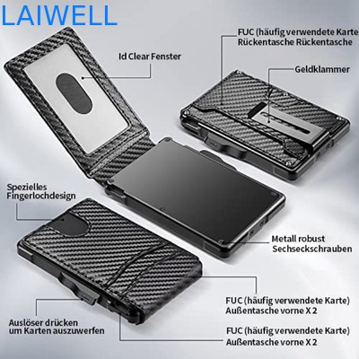 6-in-1 Black Carbon Fiber Genuine Leather Multifunctional Aluminum Card Wallet Back With Steel Money Clip