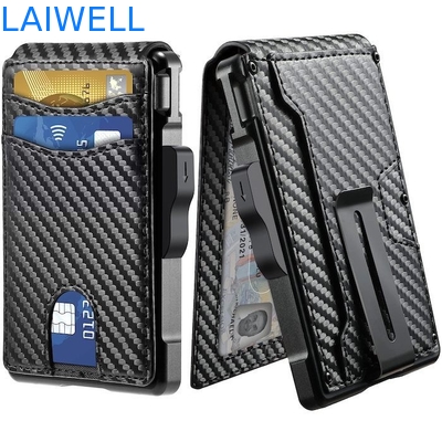 6-in-1 Black Carbon Fiber Genuine Leather Multifunctional Aluminum Card Wallet Back With Steel Money Clip