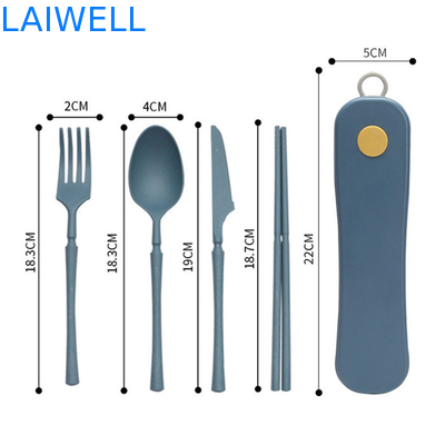 Lightweight Portable Sustainable Blue 4-PC Rotary Box Flatware Set Biodegradable and Eco-friendly Tableware Supplies Made of Environmentally Friendly Wheat Straw Fiber